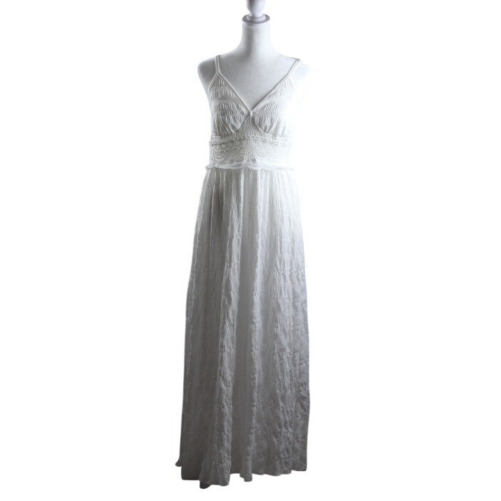 SHEIN White Lace Waist Crinkle Maxi Dress V-Neck Open Back Boho Summer Size S 4